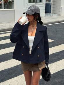 Muchica Chaqueta corta de gabardina azul marino tejida para mujer, de doble botonadura con solapa y mangas extra largas regulares, con bolsillos funcionales, blazer corto, chaqueta blazer para mujer, chaqueta de vestir, blazer de otoño e invierno, blazer de verano para mujer - Azul Marino - Ver 3