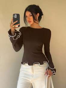 Siren Gaze Elegant Commuter Colorblock Ruffle Trim Fitted Women T-Shirt Winter Brown