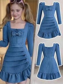 Elladie kids Girls' Blue Washed Casual Fitted Pleated Design Denim Dress, Ruched Hem With Cute Bow Decor, Suitable For Daily Wear, Minimalist & Fashionable Fall Winter