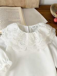 SHEIN 女婴优雅蕾丝刺绣双层彼得潘领长袖休闲公主衬衫，适合度假、旅行、派对、生日礼物、春秋、日常装扮，必备单品 - 白色 - 查看 5
