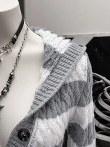 SHEIN Unity Áo khoác cardigan dài tay cài nút họa tiết sọc xoắn màu sắc phong cách đường phố dành cho nữ - Nhiều màu - Xem 5