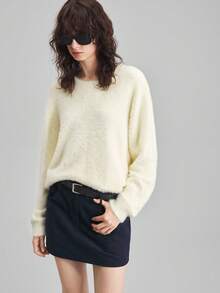 Ontre 2025新款超大羊毛混纺圆领长袖针织上衣，休闲都市风格，米色，宽松版型，适合秋季，商务休闲，通勤，日常穿着 - 杏色 - 查看 5