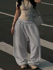 SHEIN Women's Loose Elastic Waist Casual Street Sweatpants - Light Grey - View 1
