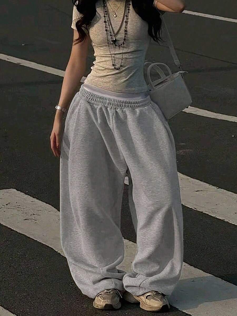 SHEIN Women's Loose Elastic Waist Casual Street Sweatpants - Light Grey - View 1