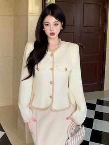 DAZY Elegant French Aristocrat Style Short Women's Jacket, High-Quality Autumn/Winter Women Coats - Beige - View 7