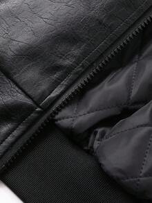 FRIFUL Women's Black Solid Color PU Fabric Stand Collar, Cuff & Hem Drawstring Loose Casual Padded Coat, Suitable For Autumn/Winter Jacket