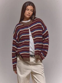 MUSERA Áo len dệt kim kẻ sọc dáng rộng, cài cúc phía trước, vai rớt, phong cách cổ điển, dễ thương, đồng quê, mộc mạc, màu caramel, thích hợp cho tiệc mùa đông, buổi tối, thanh lịch, mùa xuân. - xanh quân đội - Xem 6