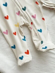 新生女婴可爱休闲针织心形图案长袖连体衣和头带套装 - 白色 - 查看 4