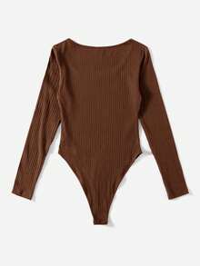 SHEIN EZwear Bodysuit Lengan Panjang Ketat dengan Leher Bulat dan Potongan Pas Badan, Ukuran Plus, Warna Polos - Coklat - View 2
