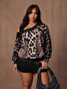 Rustia 大码女式秋冬单肩古铜铆钉撞色长袖棕色豹纹裹身连衣裙 - 棕色 - 查看 1