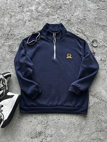 Manfinity Dauomo Plus Size Men's Embroidered Zipper Casual Pullover Sweatshirt - Navy Blue - View 8