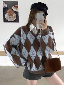 DAZY Women's Rhombus Pattern V-Neck Dropped Shoulder Long Sleeve Casual Sweater, Autumn/Winter - Grey - View 6