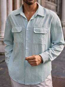 HIMLAND Men's Casual Striped Cargo Pocket Curved Hem Long Sleeve Shacket, For Fall, Winter - Baby Blue - View 3