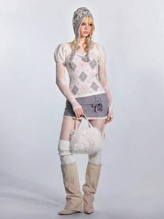 ROMWE Avant Suéter ajustado de punto con patrón de diamantes y perlas, estética Y2K para mujeres