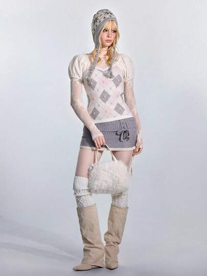 ROMWE Avant Y2K Aesthetic Diamond Pattern Cute Pearl Knit Tight Sweater For Women