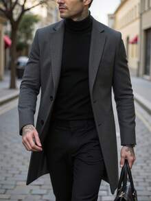 Manfinity Homme 男士加大码纯色翻领单排扣休闲外套，秋冬男士正装外套，男士长款灰色外套，男士灰色外套，男士长款羊绒商务休闲秋季男士冬季 - 深灰色 - 查看 6