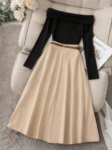 Franclia Women's Elegant Off Shoulder Long Sleeve Top And A-Line Skirt Set - Multicolor - View 2