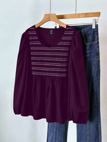 SHEIN LUNE Damen Große Größen gestreiftes Rundhals Laternärmel Lässig Bluse, Frühling/Sommer Peplum Top