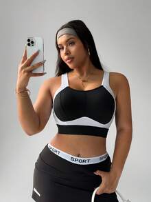 Rhythm Era Plus Size High Impact Sports Bra, Fashion Black & White Patchwork, Supportive Fixed Cup, Adjustable Shoulder Straps Plus Workout Set Plus Size Sports Bra Set Curve Workout Set Workout Curve Activewear Set Plus Active Wear Set Harley Quin - Black and White - View 6
