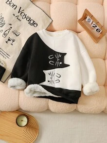 SHEIN Tween Girls' Loose Casual Color Block Cat Graphic Crew Neck Pullover Sweatshirt, Thick Thermal Lined - Black and White - View 3