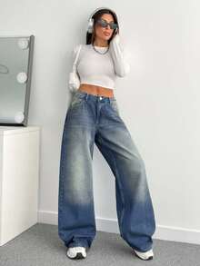 EURMUSE Modne, luźne, damskie jeansy z niskim stanem i prostymi nogawkami w kolorze niebieskim