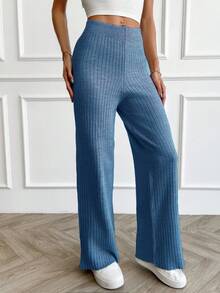 Women's Rib Knitted Straight High Waist Knit Pant - Blue - View 5