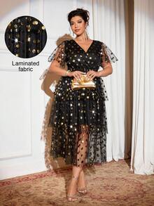 Cravure 2025 Plus Size Women's Elegant Vintage Colorblock Polka Dot Layered Maxi Dress With Neck Tie, Suitable For Back To School, Graduation, Valentine's Day, Music Festival, Mother's Day, Halloween, Thanksgiving, Easter, National Day, Prom, Date, Party, Wedding, Outdoor Activities