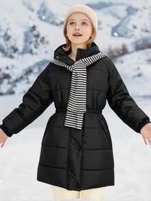 SHEIN Teen Tween Girl Black Winter Long-Sleeved Mid-Length Padded Coat, Modest Hike Outdoor Snow Coat With Classic Striped Scarf Decoration And Snug Fit Belt - Black - View 3