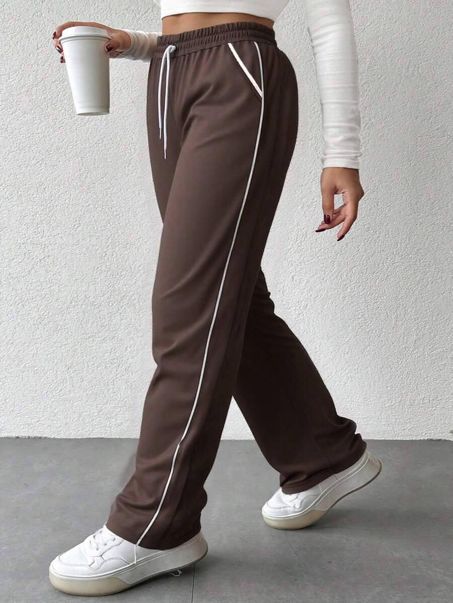 EURMUSE Plus Size Women Drawstring Waist Pockets Casual All-Match Lounge Pants - Brown - View 1