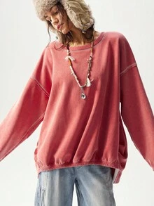 Bohemela Áo nỉ dệt kim cổ tròn màu trơn đơn giản, rộng rãi, giặt được, quần áo thu đông cho nữ - trái cam - Xem 5