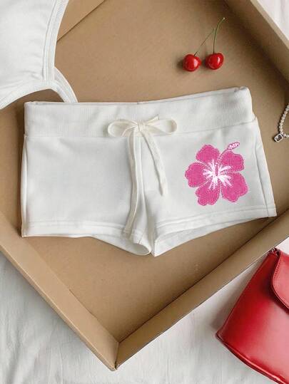 Comfortcana Casual Minimalist Pink Anti-Pilling Graphic Print White Drawstring Waist Slim Fit Shorts