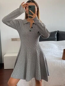 DAZY 女士休闲绣花领针织长袖毛衣裙，秋季 - 灰色 - 查看 6