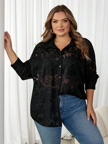 SHEIN CURVE+ 花卉提花纽扣前襟衬衫 - 黑色 - 查看 9