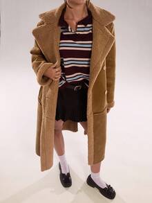 SHEIN BAE 女士休闲复古棕色中长款保暖内衬夹克，冬季棕色外套女士冬季外套秋季外套长款外套棕色夹克，棕色衣服，女士外套，女士秋季衣服 - 卡其色 - 查看 6