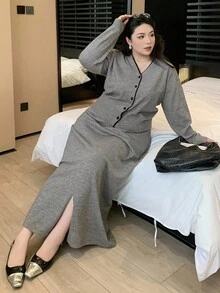 Dazy Plus 2pcs V-Neck Cardigan Top And Elastic Waist Skirt Knit Suit, Plus Size, Autumn