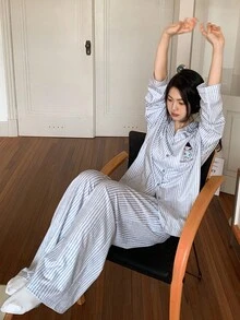 DAZY 卡通女孩英文图案条纹宽松长袖和裤子两件套女士睡衣套装，秋季衣服 - 藍色 - 查看 5