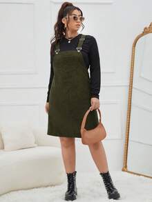 SHEIN EZwear Plus Solid Overall Dress Without Tee, Winter - Army Green - View 3