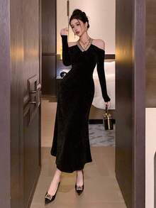 DAZY Women's V-Neck Off-Shoulder Rhinestone Patchwork Fitted Mid-Length Dress Prom Dress Elegant Women Dresses - Black - View 1