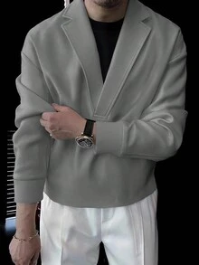 Manfinity Homme Men Solid Color Lapel Collar Plain Long Sleeve Going Out Casual Sweatshirt, Fall - Grey - View 1