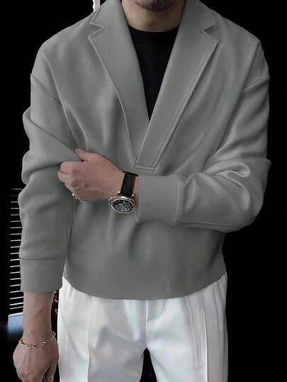 Manfinity Homme Men Solid Color Lapel Collar Plain Long Sleeve Going Out Casual Sweatshirt, Fall