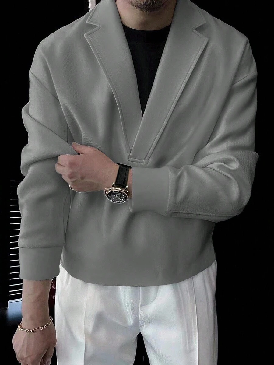 Manfinity Homme Men Solid Color Lapel Collar Plain Long Sleeve Going Out Casual Sweatshirt, Fall - Grey - View 1