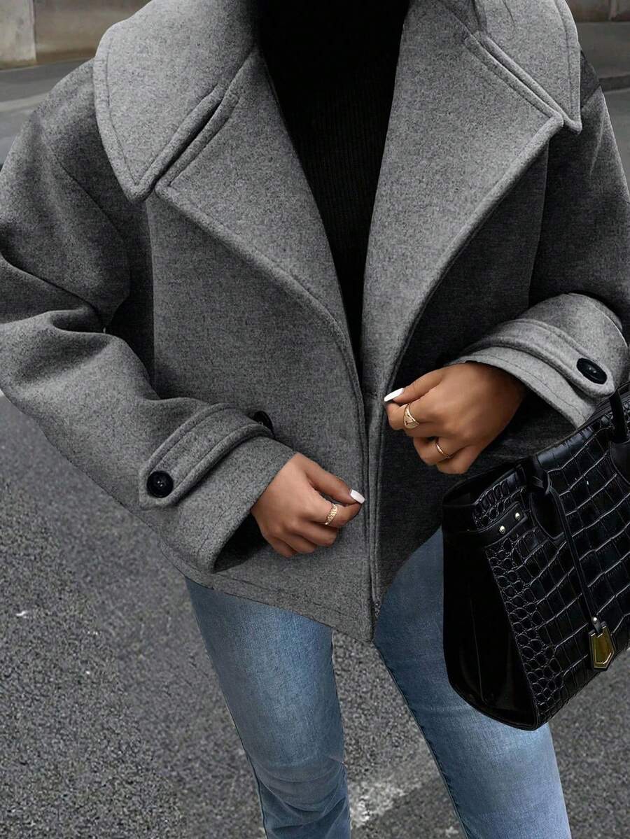 Easura 大码都市复古风大衣，秋冬款 - 灰色 - 查看 1