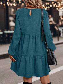 SHEIN LUNE Casual Commuter Solid Color Lantern Sleeve Dress - Blue - View 2