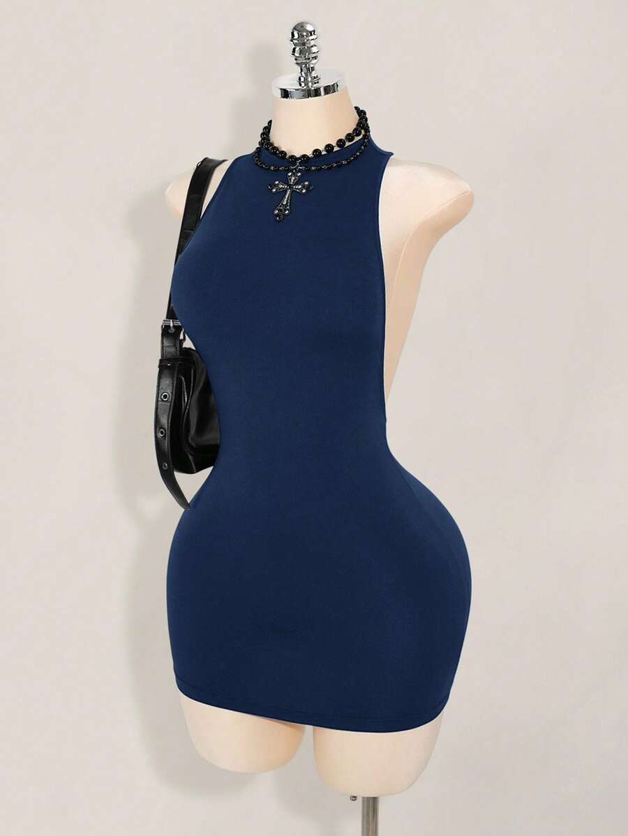 SHEIN ICON 纯色交叉露背性感休闲迷你连衣裙 - 藏蓝色 - 查看 1