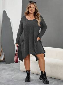 SHEIN CURVE+ فستان عصري بحافة غير متماثلة بمقاس كبير، قوطي/قوطي/هالوين - رمادي غامق - مشاهدة 7