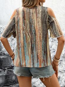 EMERY ROSE Vacation/Leisure Open Shoulder Front Zipper Shirt With Random Prints - Multicolor - View 2