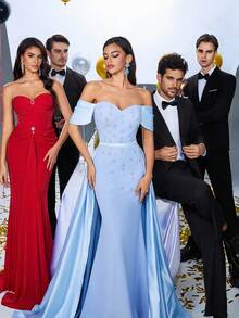 Glamrae Elegant Luxurious Blue Rhinestone Off-Shoulder Mermaid Dress With Detachable Ruffle Hem, Suitable For Weddings, Parties, Vacations, Galas, Formal Events (Heavy Embellishment) - Blue - View 11