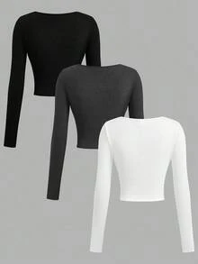 SHEIN Girlism Teen Girls' Casual Solid Color Fitted Long Sleeve T-Shirt, Autumn - Multicolor - View 2
