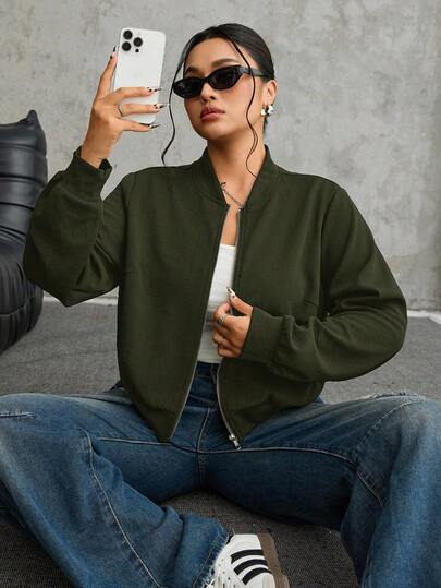 SHEIN EZwear Plus Size Black Zip-Up Short Bomber Jacket Autumn Winter Clothes For Women