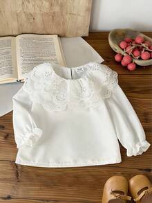 SHEIN 女婴优雅蕾丝刺绣双层彼得潘领长袖休闲公主衬衫，适合度假、旅行、派对、生日礼物、春秋、日常装扮，必备单品 - 白色 - 查看 6